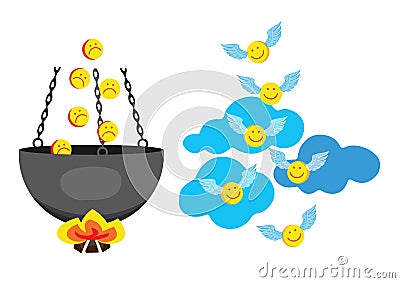 Characters in a boiling pot and emoticons with wings on clouds. Hell and Heaven Vector Illustration