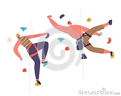 Characters Bouldering On A Rock Wall, Displaying Strength And Balance, As They Climb With Ropes, Vector Illustration Vector Illustration