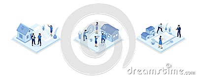 Characters buying property with mortgage, receiving bank approval, signing contact and legal documents, set isometric vector Vector Illustration