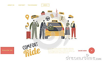Characters Call Taxi Service Landing Page Template. Driver Put Passengers Baggage in Yellow Cab. People Ordering Car Vector Illustration