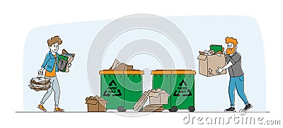 Characters Carry Piles of Paper Documents or Wastepaper to Throw Garbage to Recycle Litter Bin Vector Illustration