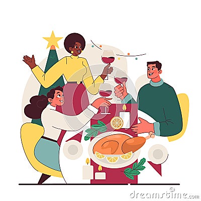 Characters celebrate christmas and new year. Family members or friends Vector Illustration