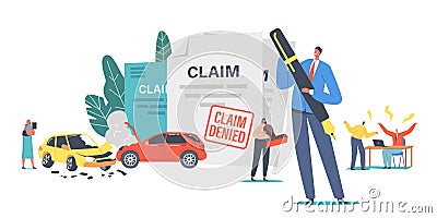 Characters Claim Insurance for Car Accident. Male and Female Characters Dispute with Agents for Denied Policy Paper Vector Illustration