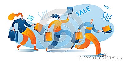 Characters coming with packages from stores. Vector Illustration