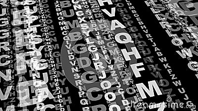 Characters create chaotic typographic composition on black background with random text and encoded message for stylish Stock Photo