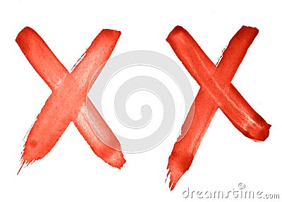 2 characters - Cross, X - red watercolor painted by hand with a rough brush. Vintage pattern for design Stock Photo