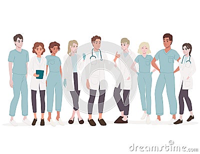 Characters of cute cartoon doctors and nurses male and female medicine workers flat vector illustration Vector Illustration