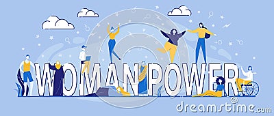 Characters Dance around Woman Power Typography Vector Illustration