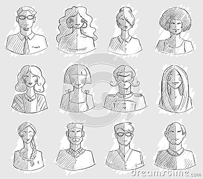 Characters design. Hand drawn icons. Faces sketch. Vector illlustration. Vector Illustration