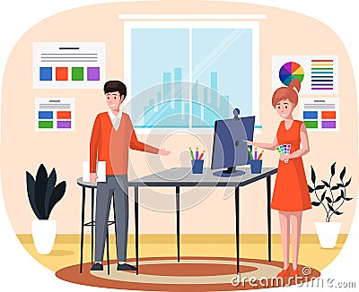 Characters, designers in typography office choose print color. Couple is looking at paint palette Vector Illustration