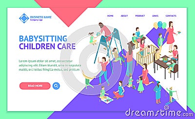 Characters Different Nanny Concept Landing Web Page Template 3d Isometric View. Vector Vector Illustration