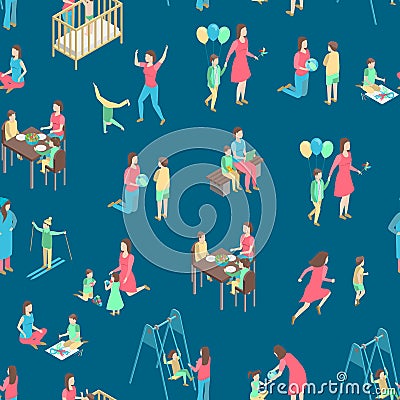 Characters Different Nanny Concept Seamless Pattern Background 3d Isometric View. Vector Vector Illustration