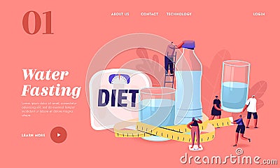 Characters Drink Water on Diet Landing Page Template. Tiny Men and Women at Huge Bottle and Glasses with Fresh Pure Aqua Vector Illustration