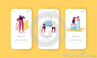 Characters Drink Water on Diet Mobile App Page Onboard Screen Template. Tiny People at Huge Bottle and Glasses with Aqua Vector Illustration