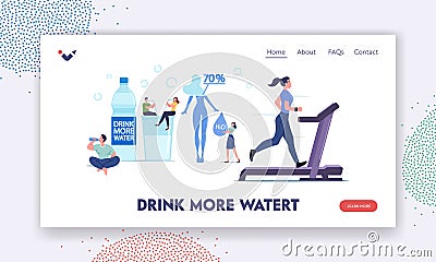 Characters Drink Water to Stay Hydrated Landing Page Template. Tiny People at Huge Bottle and Glass with Pure Aqua Vector Illustration