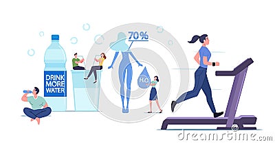 Characters Drink Water to Stay Hydrated. Tiny People at Huge Bottle and Glass with Aqua. Woman Exercising on Treadmill Vector Illustration