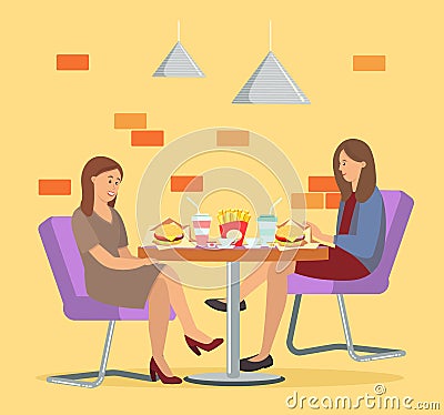 Characters eating fast food together. People sitting with burgers and cola in public catering Vector Illustration