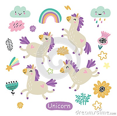 Characters and elements. Unicorns. Cute background Vector Illustration