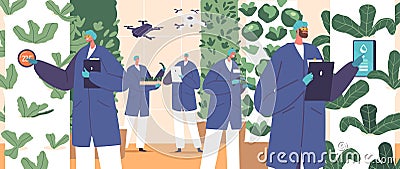 Characters Engage In Automation Of Crop Production That Involves Integration Of Technology, Robotics, And Ai Vector Illustration