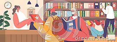 Characters Engrossed In Reading, Studying And Researching In The Serene Library. Haven Of Knowledge, Vector Illustration Vector Illustration