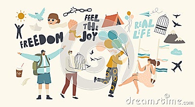 Characters Escape Home Isolation, Freedom Concept. People Leaving Cages, Break Ropes and Chains and Run with Air Balloon Vector Illustration