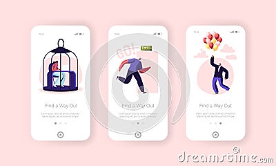 Characters Escape Home Isolation Mobile App Page Onboard Screen Template. People Leaving Cages, Run into Open Door Exit Vector Illustration