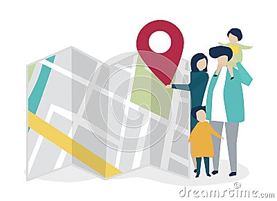 Characters of family with a map and GPS marker illustration Vector Illustration