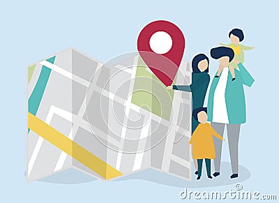 Characters of family with a map and GPS marker illustration Vector Illustration