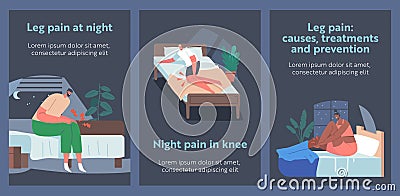 Characters Feel Sharp Muscle Pain in Legs Cartoon Posters, Night Cramps. People Suffering of Spasms and Numb Limbs Vector Illustration