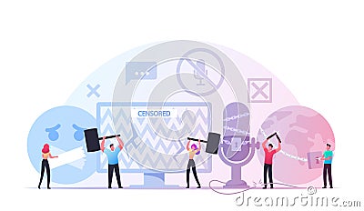 Characters Fighting with Censorship. People Remove Tape from Mount, Cut Chains and Censored Info. Freedom of Speech Vector Illustration