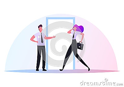 Characters Follow Business Etiquette, Good Manners. Businessman Invite Businesswoman to Enter Door ahead Office Relation Vector Illustration