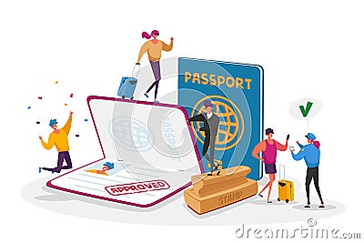 Characters Get Approved Visa. Travelers and Tourists Making Document for Leaving Country and Travel Abroad Vector Illustration