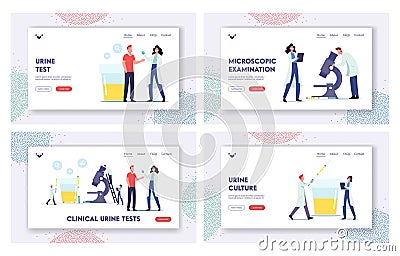Characters Give Urine Test in Clinical Laboratory Landing Page Template Set. Tiny Doctors at Huge Microscope Vector Illustration
