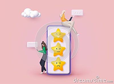 Characters giving Stars Feedback. Vector customer review concepts. Reviews stars with good and bad rate and text. 3D Web Vector Vector Illustration