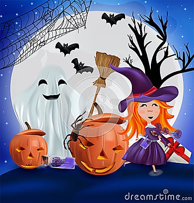 Characters Halloween pumpkin, cobweb, bats, broomstick, spider and little witch with a hat. Happy characters under the Vector Illustration