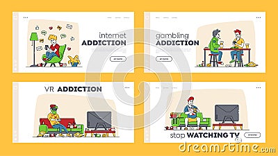 Characters Health Problems, Dependence Landing Page Template Set. Addicted People Overeating, Smoking, Drug Vector Illustration