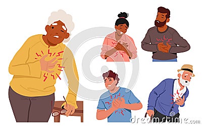 Characters with Heart Attack. Frantic Faces, Clutching Chests, Gasping For Breath, Urgent Signs Of Anxiety Vector Illustration