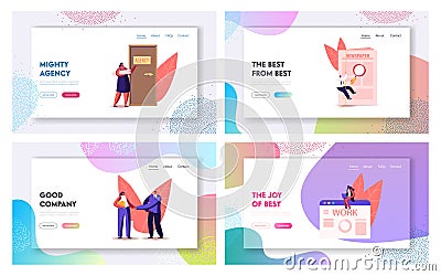 Characters Hiring Job Landing Page Template Set. People Wait Work Interview in Office with Applicants, Cv Documents Vector Illustration