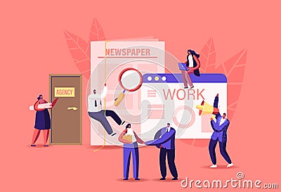 Characters Hiring Job in Newspaper Ads and Online. Work Interview in Office with Applicants, Cv Documents Vector Illustration