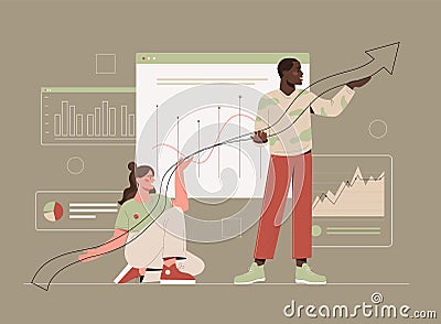 Characters hold growing statistics arrow Vector Illustration