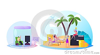 Characters Inside of Comfort Zone. People Under Glass Dome and Jar Dreaming of Success, Career and Business Improvement Vector Illustration