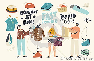 Characters Ironing Clean Linen at Home. Young People Every Day Domestic Routine, Iron Pure Clothes on Board Use Steamer Vector Illustration