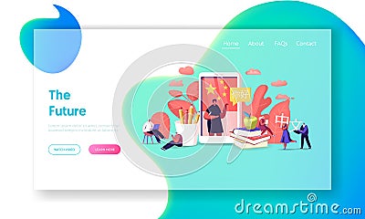 Characters Learning Chinese Language Course Landing Page Template. Tiny People around Huge Smartphone with Teacher Vector Illustration