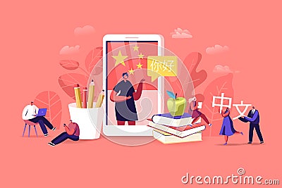 Characters Learning Chinese Language Course. Tiny People around Huge Smartphone with Teacher Say Ni Hao to Students Vector Illustration