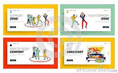 Characters Leaving Comfort Zone and Relax in Hotel Landing Page Template Set. People Leaving Red Circle Vector Illustration