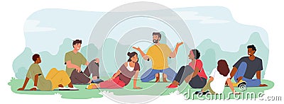 Characters Leisurely Recline Upon A Lush Green Meadow, Basking In The Serenity Of Nature, Sharing Laughter, Stories Vector Illustration