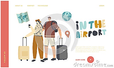 Characters with Luggage Boarding on Airplane Landing Page Template. People Travel, Woman and Businessman in Airport Vector Illustration