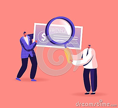 Characters with Magnifying Glass Hold Huge Paycheck with Dollar Sign. Pay Check, Money Prize Winning, People Get Cash Stock Photo