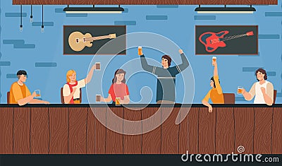 Characters male, female sit in music beer bar, alcohol party night, adult people alcohol consumption, flat vector Vector Illustration