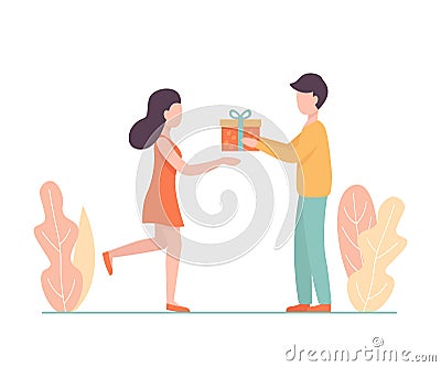 Characters man give a gift to a woman Vector Illustration